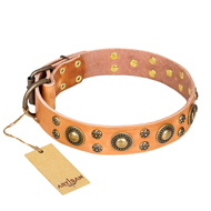 'Sophisticated Glamor' FDT Artisan Tan Leather American Bulldog Collar with Fancy Old-Bronze Plated Decorations (image for) 'Sophisticated Glamor' FDT Artisan Tan Leather American Bulldog Collar with Fancy Old-Bronze Plated Decorations