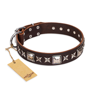 'Perfect Impression' FDT Artisan American Bulldog Brown Leather Dog Collar with Silvery Square Studs - 1 1/2 inch (40 mm) Wide (image for) 'Perfect Impression' FDT Artisan American Bulldog Brown Leather Dog Collar with Silvery Square Studs - 1 1/2 inch (40 mm) Wide