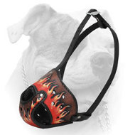 Handpainted "Fire Flames" nose padded leather American Bulldog muzzle for training (image for) Handpainted "Fire Flames" nose padded leather American Bulldog muzzle for training