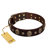 "Breaking the Horizon" FDT Artisan Brown Leather American Bulldog Collar with Engraved Studs and Medallions (image for) "Breaking the Horizon" FDT Artisan Brown Leather American Bulldog Collar with Engraved Studs and Medallions