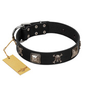 "Sea Rover" Embellished FDT Artisan Black Leather American Bulldog Collar with Chrome Plated Crossbones and Plates (image for) "Sea Rover" Embellished FDT Artisan Black Leather American Bulldog Collar with Chrome Plated Crossbones and Plates