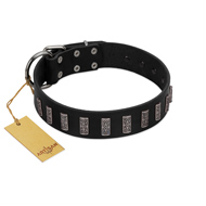 "Black Prince" Handmade FDT Artisan Black Leather American Bulldog Collar with Silver-Like Adornments (image for) "Black Prince" Handmade FDT Artisan Black Leather American Bulldog Collar with Silver-Like Adornments