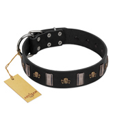"Pirates' Symbol" Fashionable FDT Artisan Black Leather American Bulldog Collar with Silver-Like Plates and Gold-Like Skulls (image for) "Pirates' Symbol" Fashionable FDT Artisan Black Leather American Bulldog Collar with Silver-Like Plates and Gold-Like Skulls