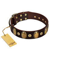 "Retro Pusle" FDT Artisan Brown Leather American Bulldog Collar with Old Bronze-like Studs and Oval Brooches (image for) "Retro Pusle" FDT Artisan Brown Leather American Bulldog Collar with Old Bronze-like Studs and Oval Brooches