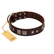 "Object of Virtu" FDT Artisan Brown Leather American Bulldog Collar with Old Silver-like Square Studs and Pyramids (image for) "Object of Virtu" FDT Artisan Brown Leather American Bulldog Collar with Old Silver-like Square Studs and Pyramids