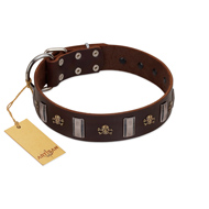 "War Chief" FDT Artisan Genuine Brown Leather American Bulldog Collar with Skulls and Plates (image for) "War Chief" FDT Artisan Genuine Brown Leather American Bulldog Collar with Skulls and Plates