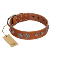 "Era Infinitum" FDT Artisan Tan Leather American Bulldog Collar Adorned with Chrome-plated Circles (image for) "Era Infinitum" FDT Artisan Tan Leather American Bulldog Collar Adorned with Chrome-plated Circles