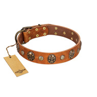 "Call of Feat" FDT Artisan Tan Leather American Bulldog Collar with Old Bronze-like Studs and Oval Brooches (image for) "Call of Feat" FDT Artisan Tan Leather American Bulldog Collar with Old Bronze-like Studs and Oval Brooches