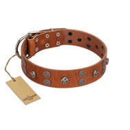 "Road Rider" FDT Artisan Tan Leather American Bulldog Collar with Old Silver-like Skulls and Medallions (image for) "Road Rider" FDT Artisan Tan Leather American Bulldog Collar with Old Silver-like Skulls and Medallions