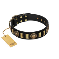 "Lion's Pride" FDT Artisan Black Leather American Bulldog Collar with Ornate Conchos and Small Plates (image for) "Lion's Pride" FDT Artisan Black Leather American Bulldog Collar with Ornate Conchos and Small Plates
