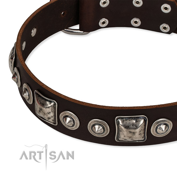 Genuine leather dog collar made of soft material with studs