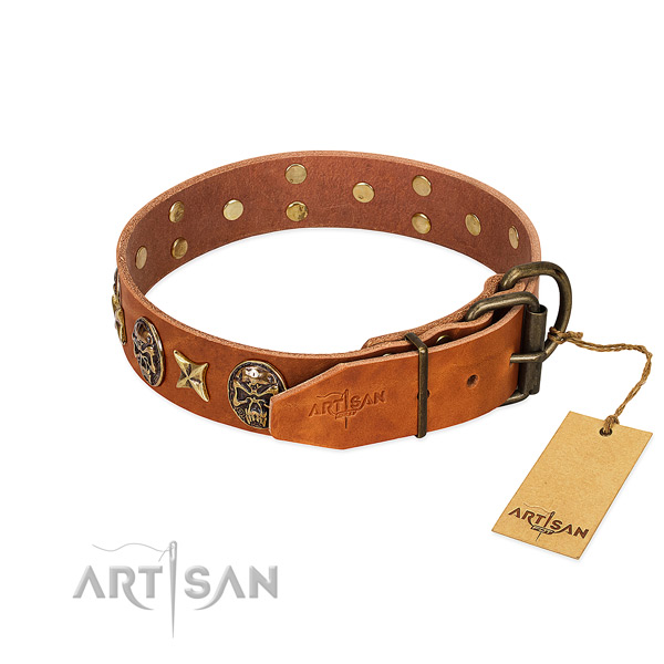 Natural genuine leather dog collar with durable buckle and decorations