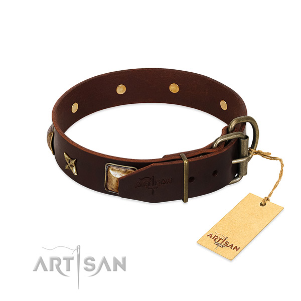 Full grain genuine leather dog collar with corrosion proof D-ring and adornments