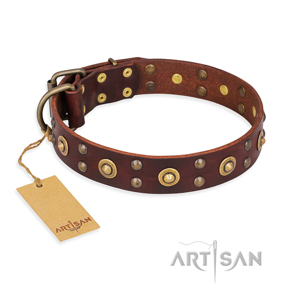 Adjustable full grain leather dog collar with durable D-ring
