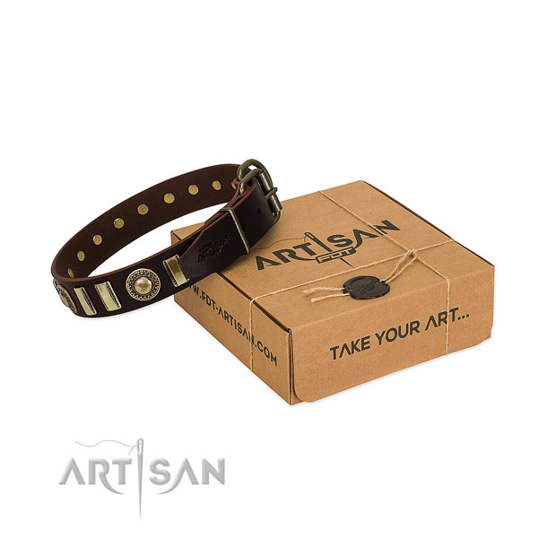 Reliable natural leather dog collar with rust resistant fittings