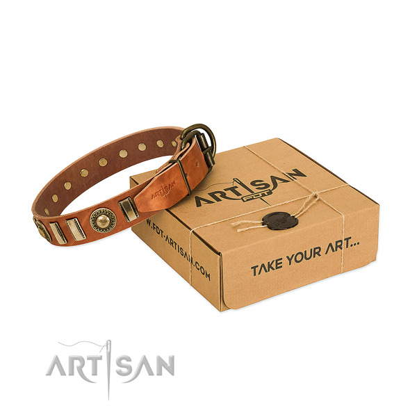 Soft natural leather dog collar with corrosion resistant traditional buckle