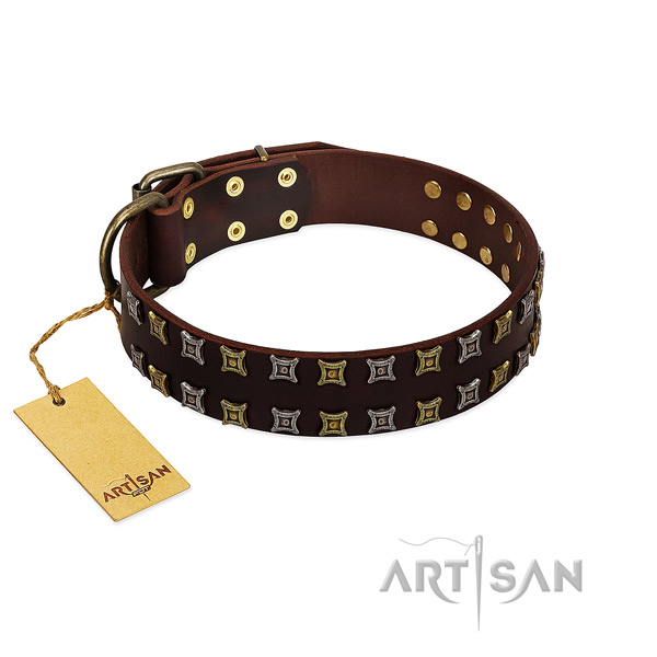 Strong full grain genuine leather dog collar with decorations for your canine
