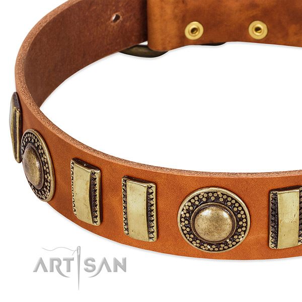 Reliable full grain genuine leather dog collar with corrosion proof D-ring