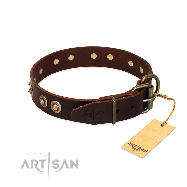 Corrosion resistant traditional buckle on full grain natural leather dog collar for your four-legged friend