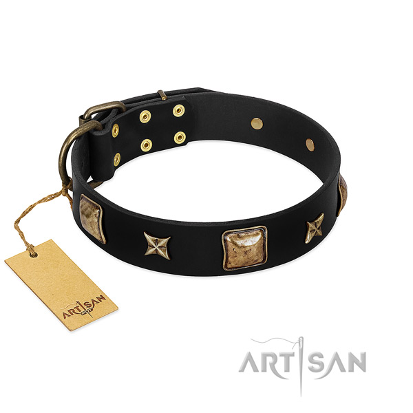 Natural leather dog collar of soft to touch material with exquisite studs
