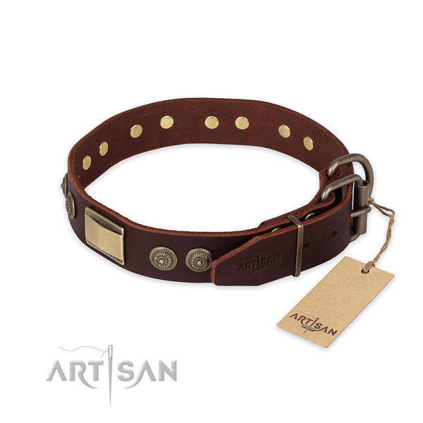 Corrosion resistant hardware on full grain natural leather collar for walking your four-legged friend
