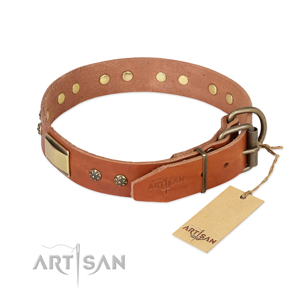Natural genuine leather dog collar with rust-proof traditional buckle and studs