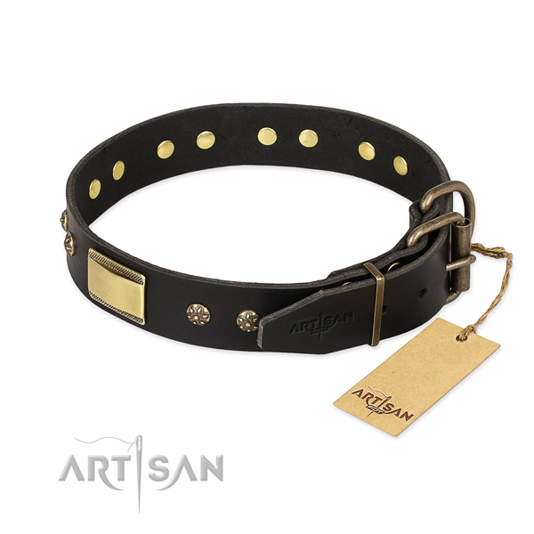 Full grain genuine leather dog collar with durable D-ring and studs