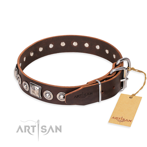 Natural genuine leather dog collar made of soft material with reliable decorations