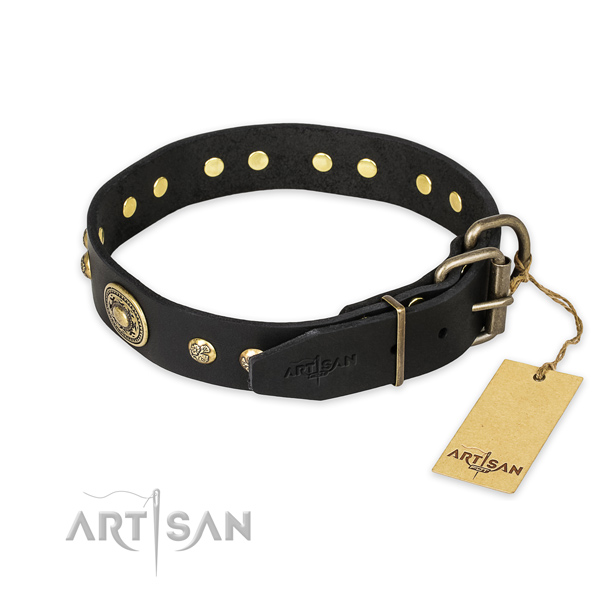 Reliable fittings on full grain natural leather collar for walking your four-legged friend