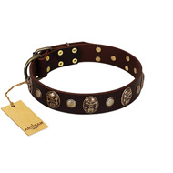 "Snazzy Paws" FDT Artisan Brown Leather American Bulldog Collar Adorned with Conchos and Medallions (image for) "Snazzy Paws" FDT Artisan Brown Leather American Bulldog Collar Adorned with Conchos and Medallions
