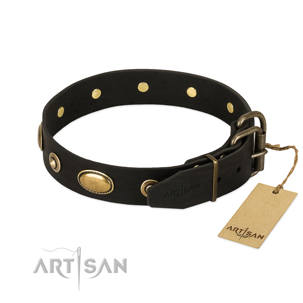Rust resistant D-ring on natural leather dog collar for your dog