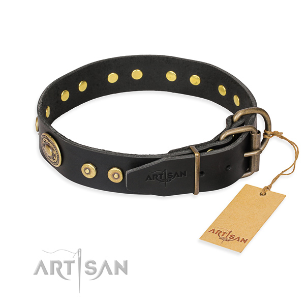 Full grain genuine leather dog collar made of top rate material with corrosion resistant adornments