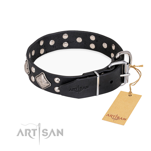 Genuine leather dog collar with top notch corrosion proof embellishments