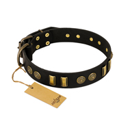 "Simple Elegance" FDT Artisan Black Leather American Bulldog Collar with Old Bronze-like Plates and Circles (image for) "Simple Elegance" FDT Artisan Black Leather American Bulldog Collar with Old Bronze-like Plates and Circles