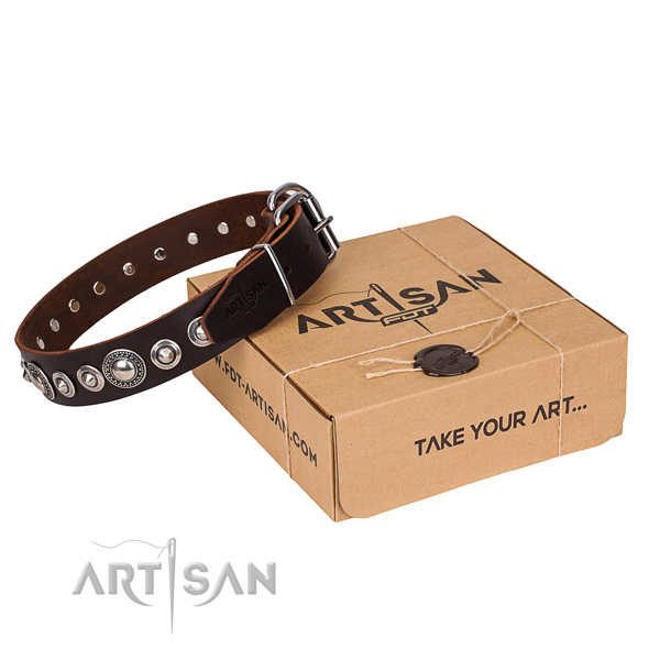 Genuine leather dog collar made of soft to touch material with corrosion resistant buckle