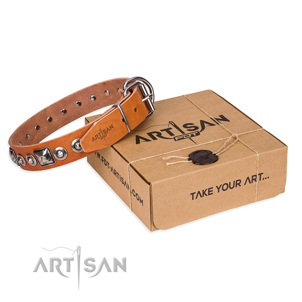 Genuine leather dog collar made of soft to touch material with rust-proof fittings