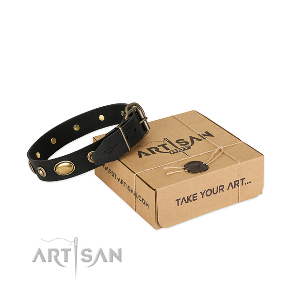 Corrosion proof adornments on genuine leather dog collar for your four-legged friend