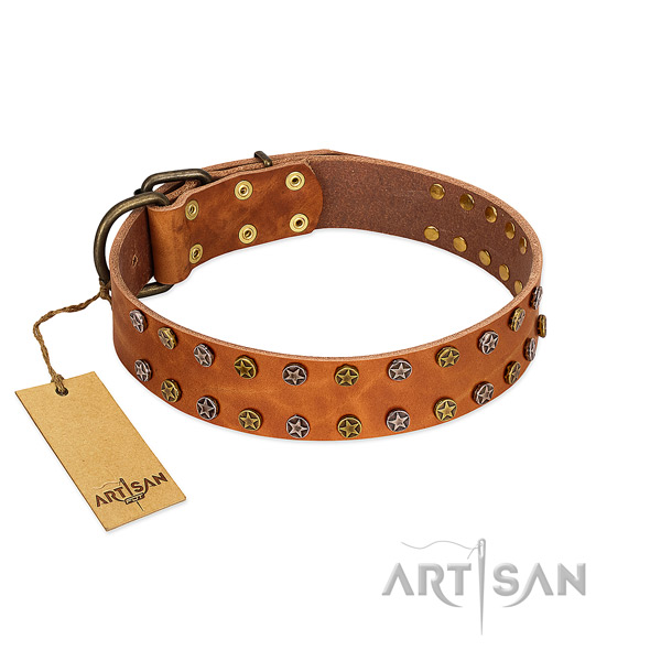 Comfortable wearing gentle to touch full grain genuine leather dog collar with embellishments