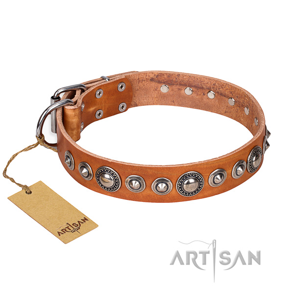 Full grain genuine leather dog collar made of gentle to touch material with corrosion proof D-ring