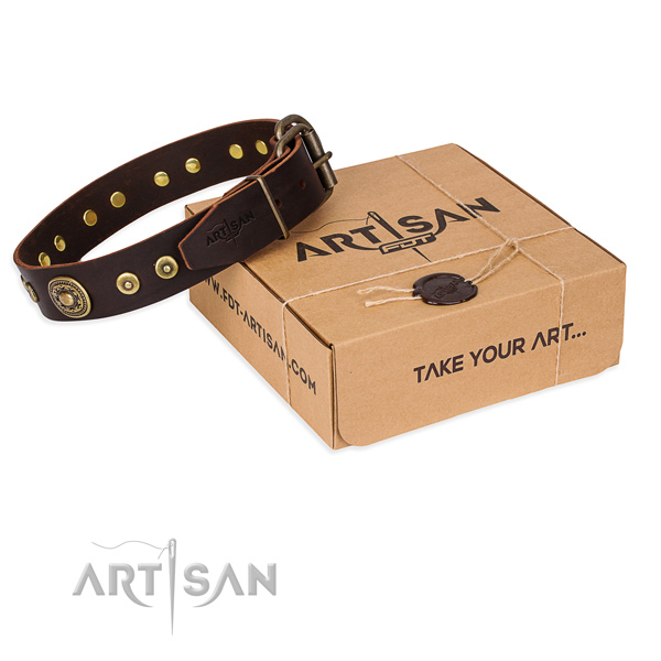 Full grain natural leather dog collar made of top notch material with corrosion resistant traditional buckle