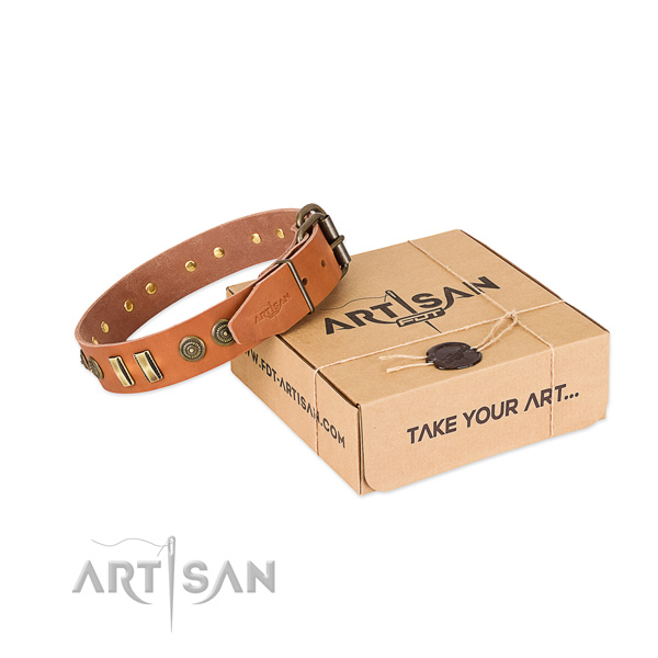 Rust resistant embellishments on full grain natural leather dog collar for your canine