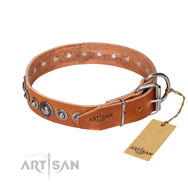 Natural genuine leather dog collar made of top rate material with durable embellishments