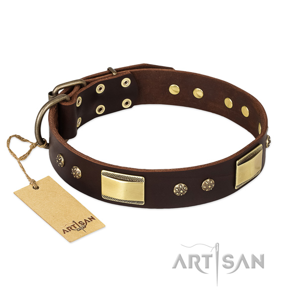 Genuine leather dog collar with corrosion resistant buckle and decorations
