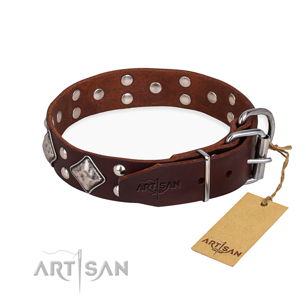 Genuine leather dog collar with inimitable rust resistant adornments