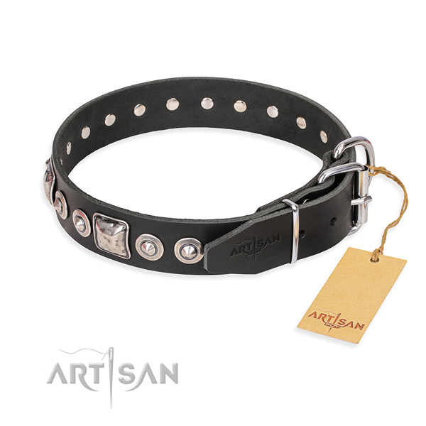 Natural genuine leather dog collar made of gentle to touch material with reliable decorations