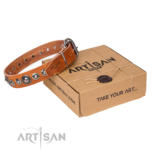 Genuine leather dog collar made of gentle to touch material with corrosion resistant fittings