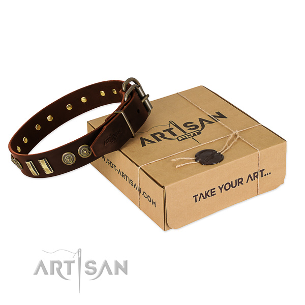 Rust resistant D-ring on natural leather dog collar for your four-legged friend