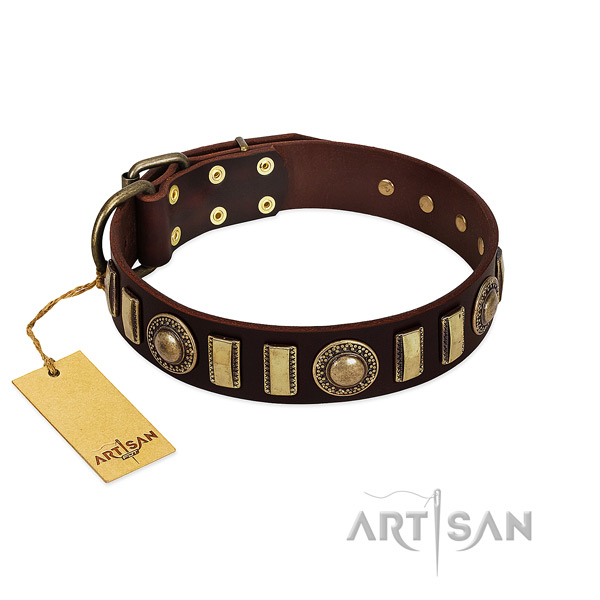 Soft to touch genuine leather dog collar with rust-proof hardware