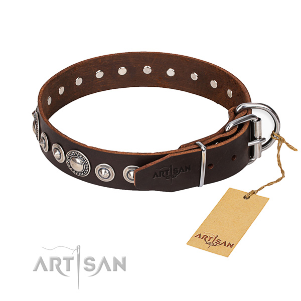 Leather dog collar made of gentle to touch material with corrosion resistant hardware