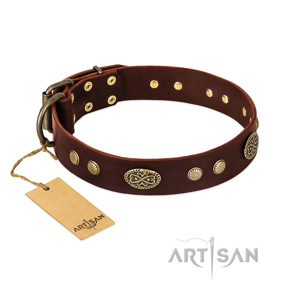 Rust resistant D-ring on genuine leather dog collar for your canine